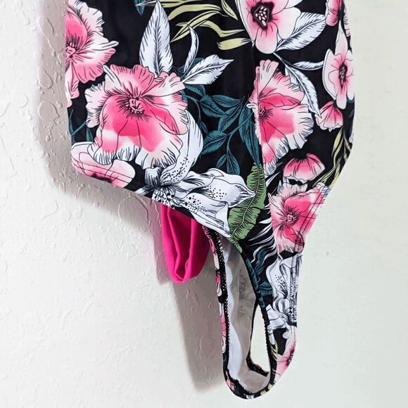 Women's SheIn One Piece Bathing Suit Monokini Ruffle Deep Plunge Small Tropical - Picture 3 of 9